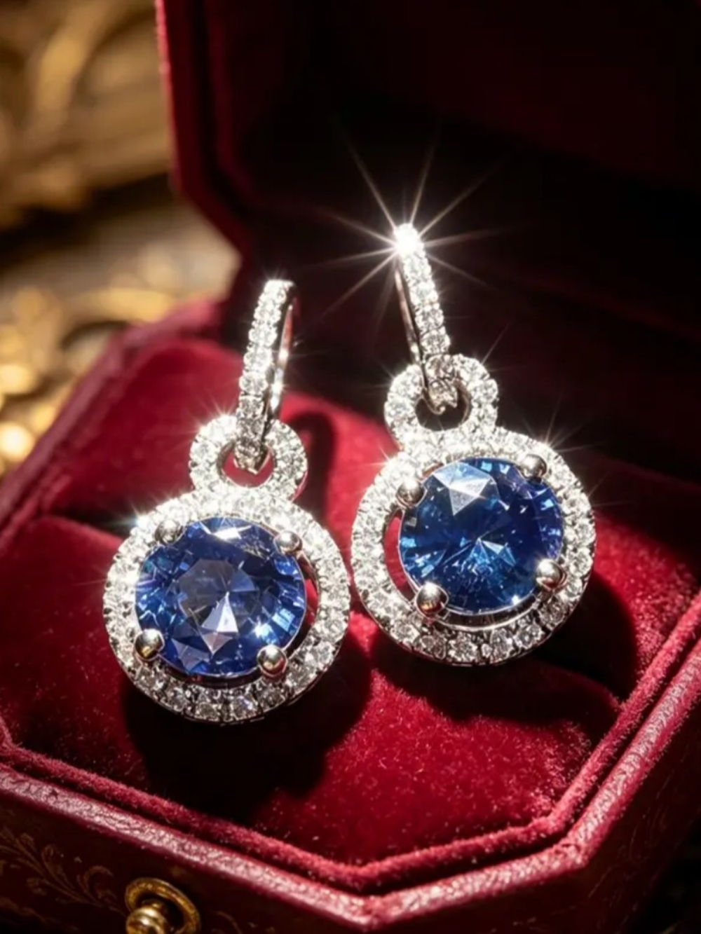 White Rhodium Blue Tourmaline Halo Drop Earrings